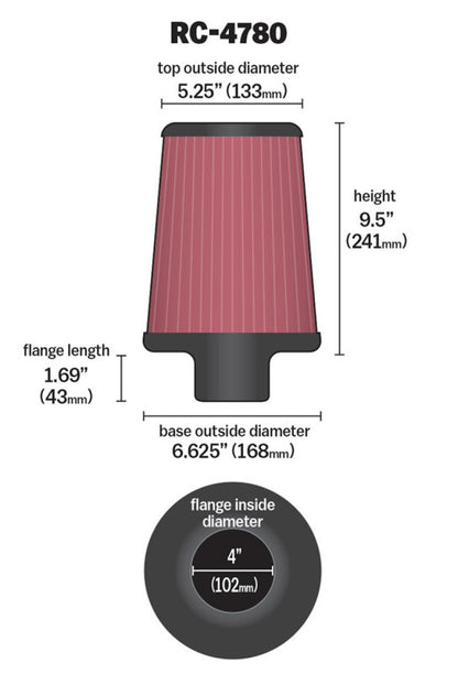 K&N Universal Filter Round Tapered 4in FlangeID / 6.625in Base OD / 5.25in Top OD / 9.5in Height