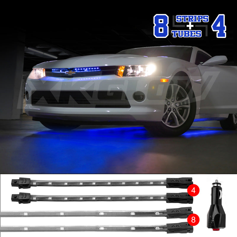 XK Glow Single Color XKGLOW UnderglowLED Accent Light Car/Truck Kit Blue - 8x24In Tube + 4x8In Strip