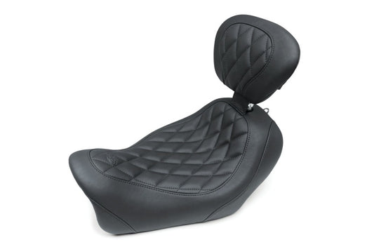 Mustang 14-17 Harley Fat Bob Wide Tripper Solo Seat w/Driver Backrest Diamond Stitch - Black