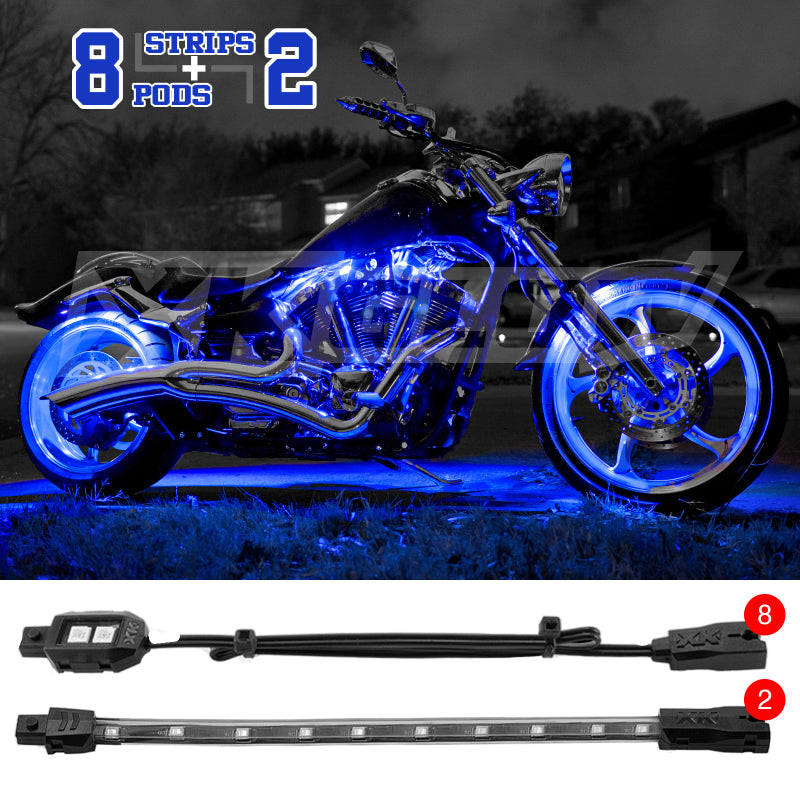 XK Glow Single Color XKGLOW LED Accent Light Motorcycle Kit Blue - 8xPod + 2x8InStrips