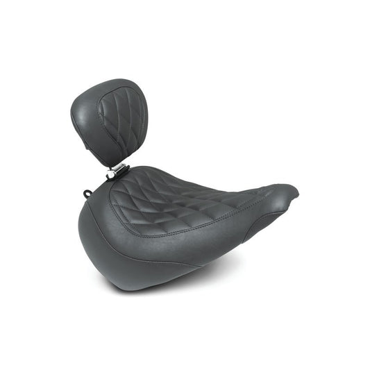 Mustang 18-21 Harley Fat Boy Wide Tripper Solo Seat w/Driver Backrest Diamond Stitch - Black