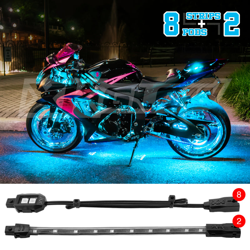 XK Glow Strips Single Color XKGLOW LED Accent Light Motorcycle Kit Light Blue - 8xPod + 2x8In