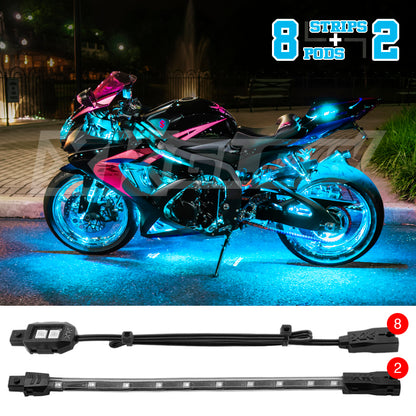 XK Glow Strips Single Color XKGLOW LED Accent Light Motorcycle Kit Light Blue - 8xPod + 2x8In