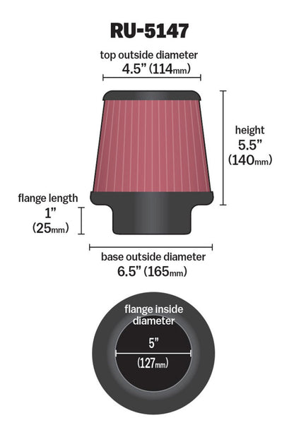 K&N Filter Universal Rubber Filter 5in Flange 6.5in Base 4.5in Top 5.5in Height