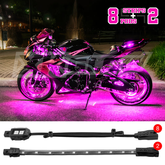 XK Glow Strips Single Color XKGLOW LED Accent Light Motorcycle Kit Pink - 8xPod + 2x8In