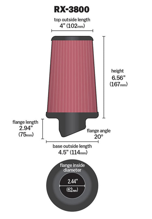 K&N Filter Universal X Stream Clamp-On 2.438in Flange ID x 4.5in Base OD x 4in Top OD x 6.563in H