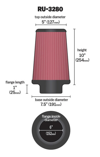 K&N Filter Universal Rubber Filter 6 inch Flange 7.5 inch Base 5 inch Top 10 inch Height