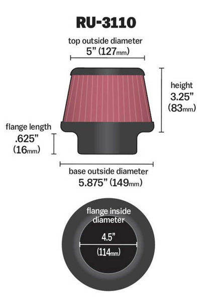 K&N Universal Rubber Filter Round Tapered 4.5in Flange ID x 5.875 Base OD x 5in Top OD x 3.25in H