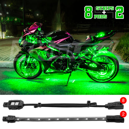 XK Glow Strips Single Color XKGLOW LED Accent Light Motorcycle Kit Green - 8xPod + 2x8In