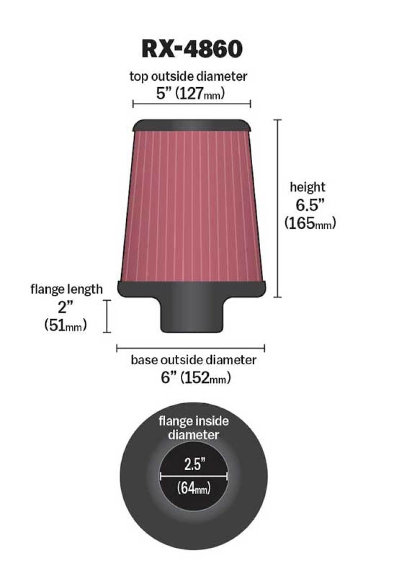 K&N Filter Universal X-Stream Clamp-On Round Tprd 2.5in Flng ID x 6in Base OD x 5in Top OD x 6.5in H