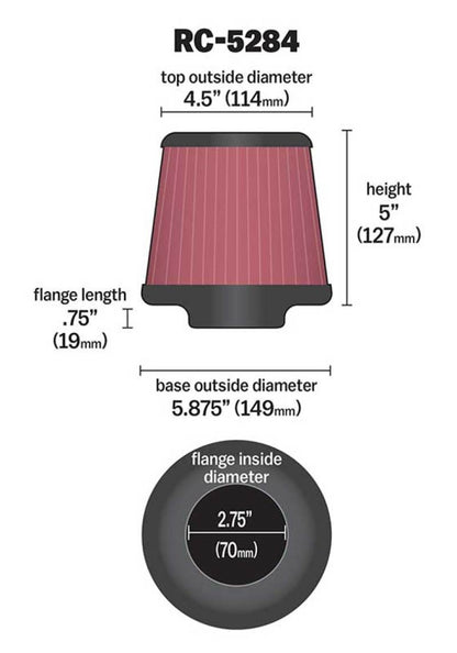 K&N Universal Clamp-On Air Filter 2-3/4in FLG / 5-7/8in B / 4-1/2in T / 5in H