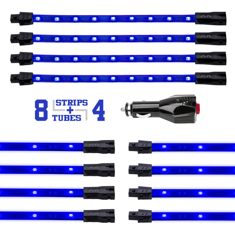 XK Glow Single Color XKGLOW UnderglowLED Accent Light Car/Truck Kit Blue - 8x24In Tube + 4x8In Strip