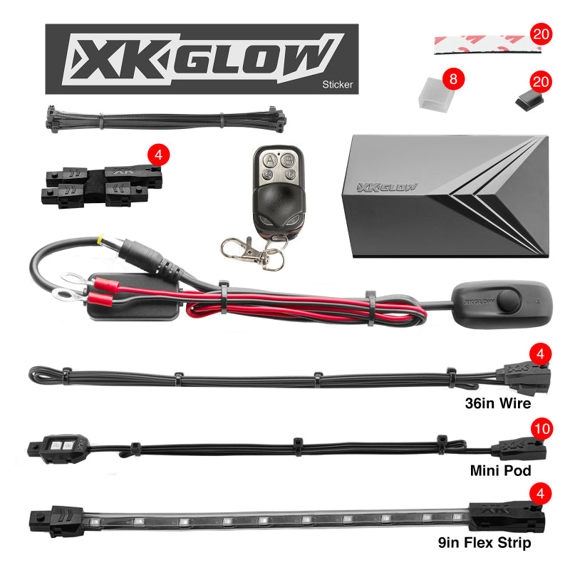 XK Glow Strips Single Color XKGLOW LED Accent Light Motorcycle Kit Pink - 10xPod + 4x8In