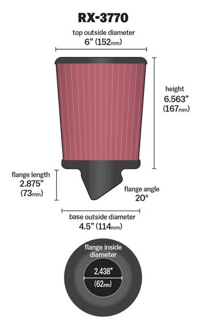 K&N Filter Universal X Stream Clamp-On 3in Flange 4.5in Base 6in Top 6.125in Height