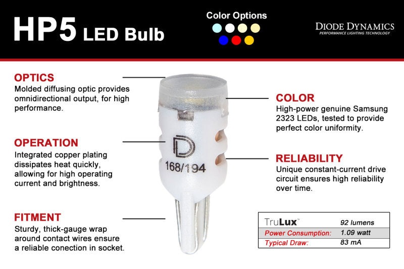 Diode Dynamics 194 LED Bulb HP5 LED - Cool - White Short (Single)