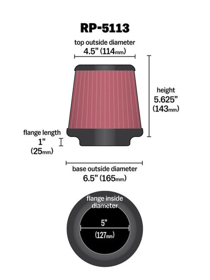 K&N Cone Filter 5in ID 6.5in base 4.5in top 5.625in height carbon fiber look