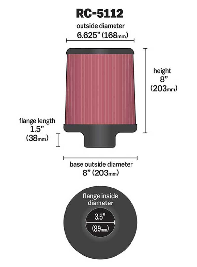 K&N Filter Universal Rubber Filter 3.5in Flange 6.625in Top 8in Height Center Hole