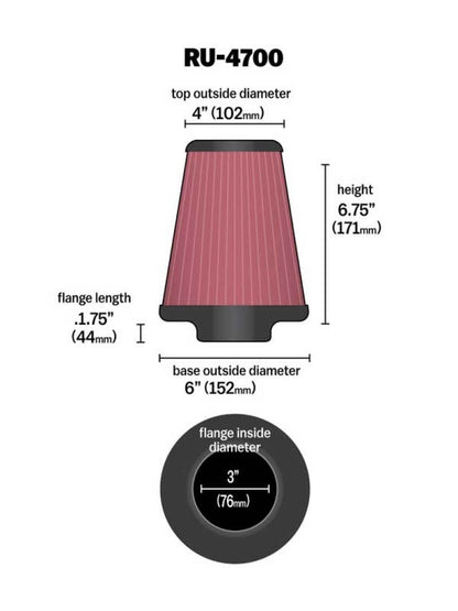 K&N Universal Tapered Filter 3in Flange ID x 6in Base OD x 4in Top OD x 6.75in Height